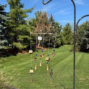 Brass Windchime with birdhouses bells and blue glass beads. Garden or wall decor